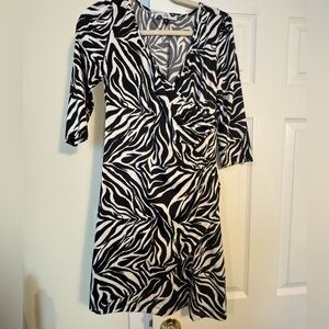 Zebra Print Wrap Dress Black White Ruched 3/4 Sleeve Mini Size S
